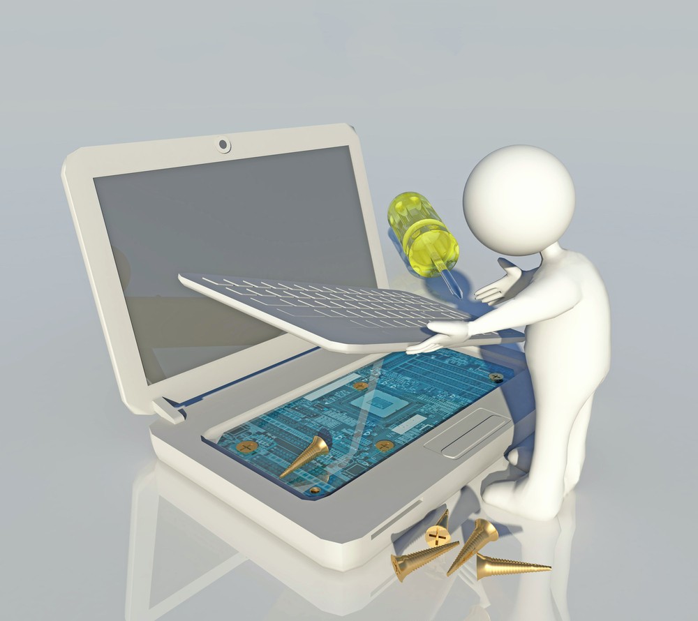 3D-Bild einer Figur, die einen Laptop repariert